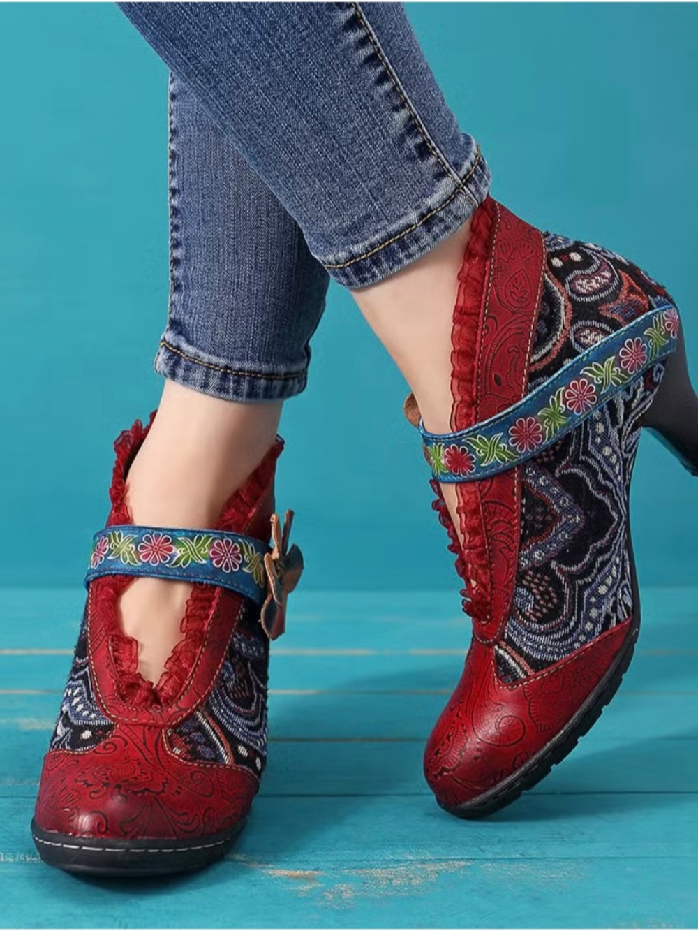 Socofy Floral Leather & Tapestry Ankle Bootie Pumps EU Size 41/US 10